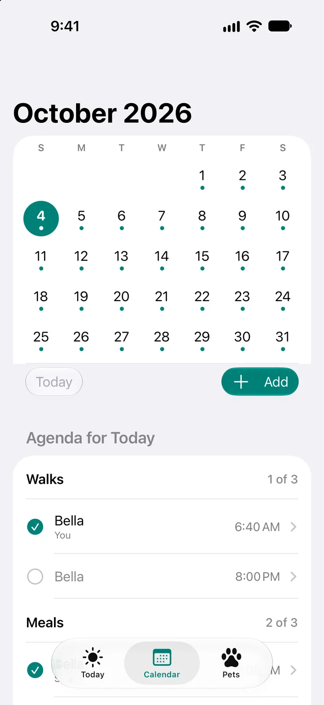 The October calendar with every day marked, and the agenda for today: walks and meals with times.