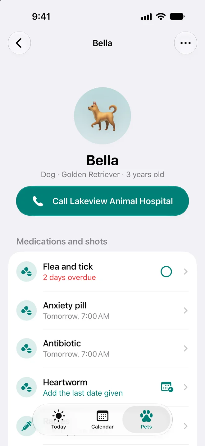 Bella's page: a Golden Retriever, 3 years old, with a button to call Lakeview Animal Hospital and her medications and shots.