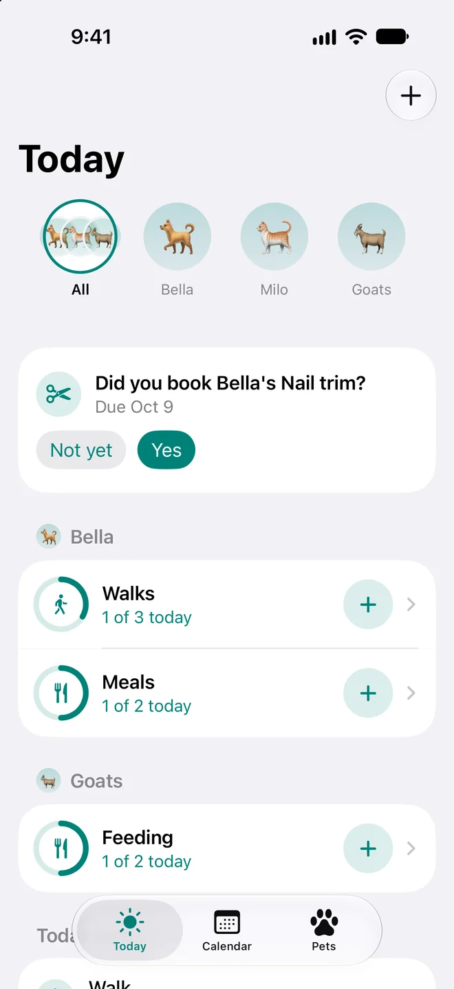 Petlook's Today screen for Bella, Milo, and the goats: walks and meals fill rings, and a card asks whether Bella's nail trim is booked.
